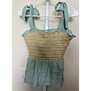 E & M Women's Blue Smocked Mesh Faux Tie Strap Tank Top Cami Size Large